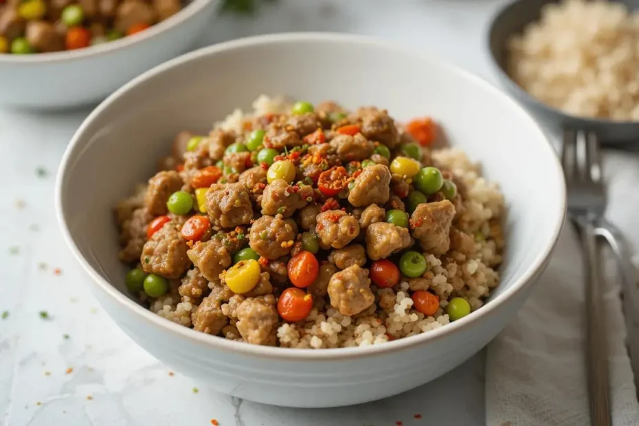 Ground turkey stir fry served in a bowl with quinoa and chili flakes for added spice