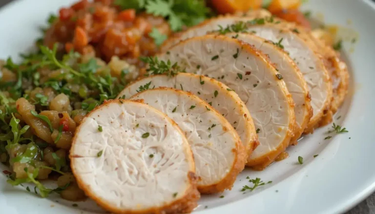 Plated crock pot turkey breast with sides, ready to enjoy