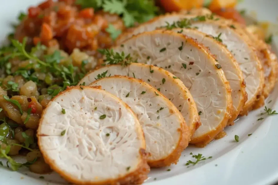 Plated crock pot turkey breast with sides, ready to enjoy