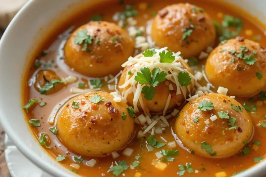 Final presentation of soup ball vegetable garnished with croutons and herbs