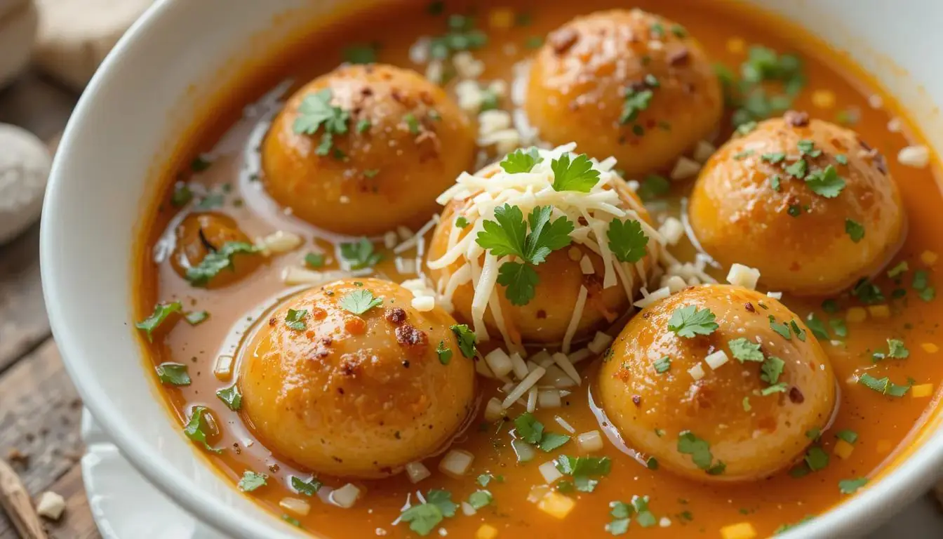 Final presentation of soup ball vegetable garnished with croutons and herbs