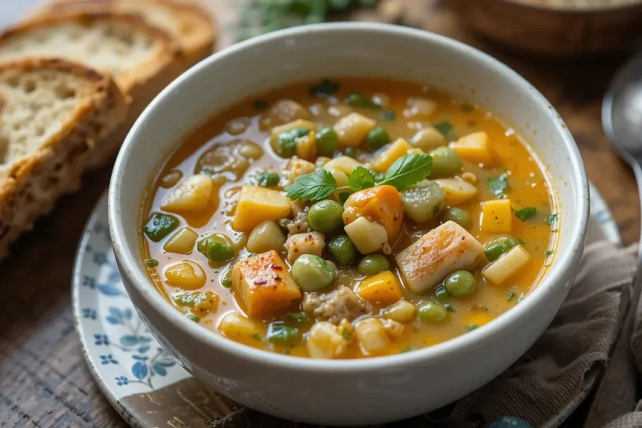 Chicken vegetable soup recipe: Chicken vegetable soup served with crusty bread for a comforting meal