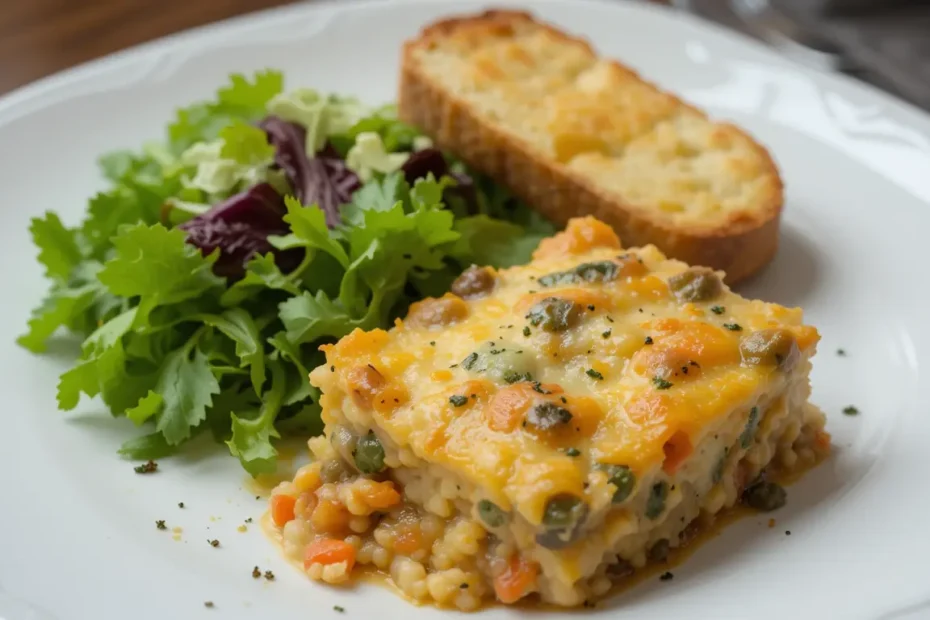 Vegetable casserole served with salad and garlic bread