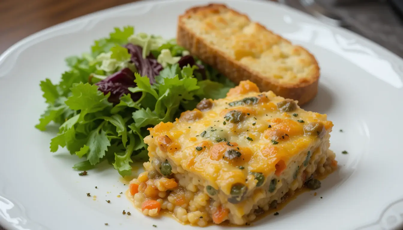 Delicious Vegetable Casserole: A Comforting and Nutritious Dish 1 Vegetable casserole served with salad and garlic bread