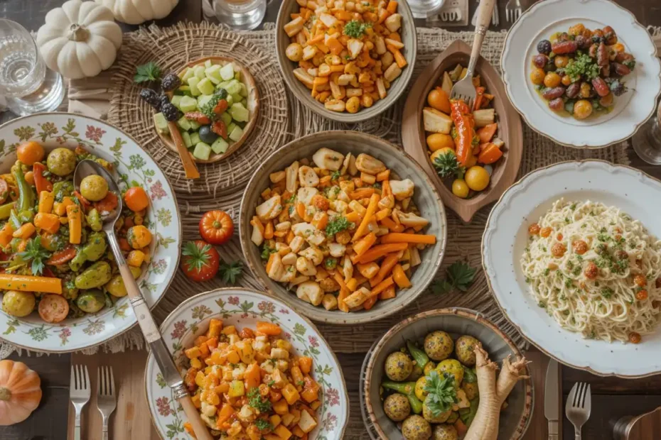 A festive Thanksgiving table setting featuring delicious Thanksgiving vegetable sides.