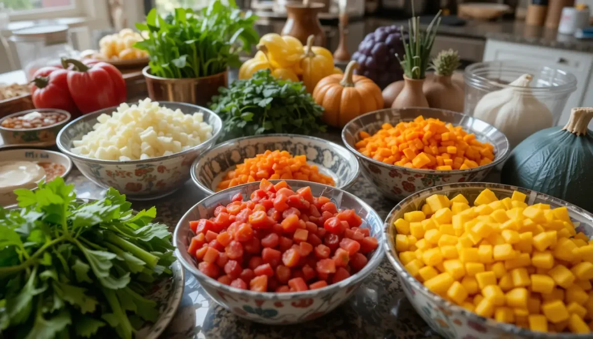 Preparation of Thanksgiving vegetable sides with fresh ingredients on the kitchen counter Preparation of Thanksgiving vegetable sides with fresh ingredients on the kitchen counter