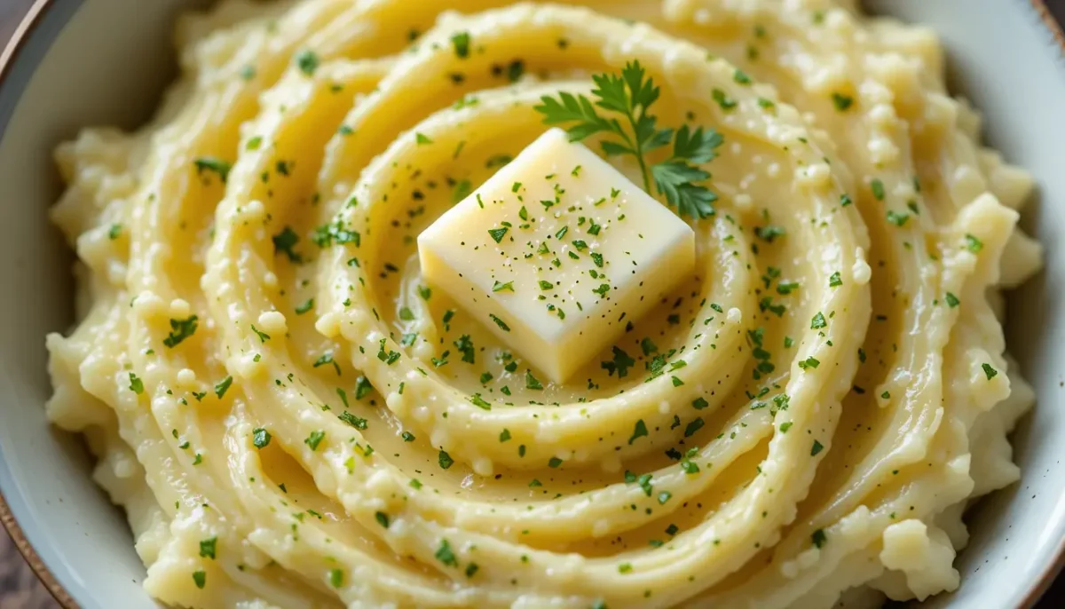 Creamy garlic mashed potatoes served as a Thanksgiving vegetable side dish Creamy garlic mashed potatoes served as a Thanksgiving vegetable side dish