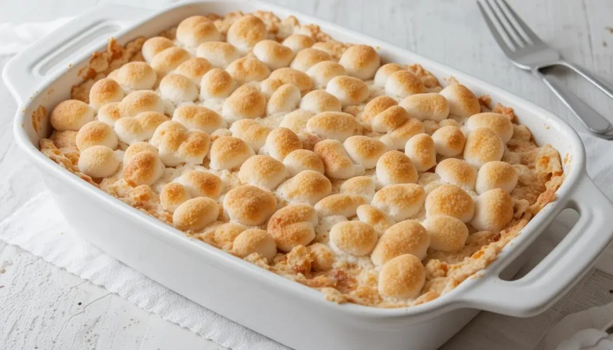 Sweet potato casserole with marshmallows, a classic Thanksgiving vegetable side Sweet potato casserole with marshmallows, a classic Thanksgiving vegetable side