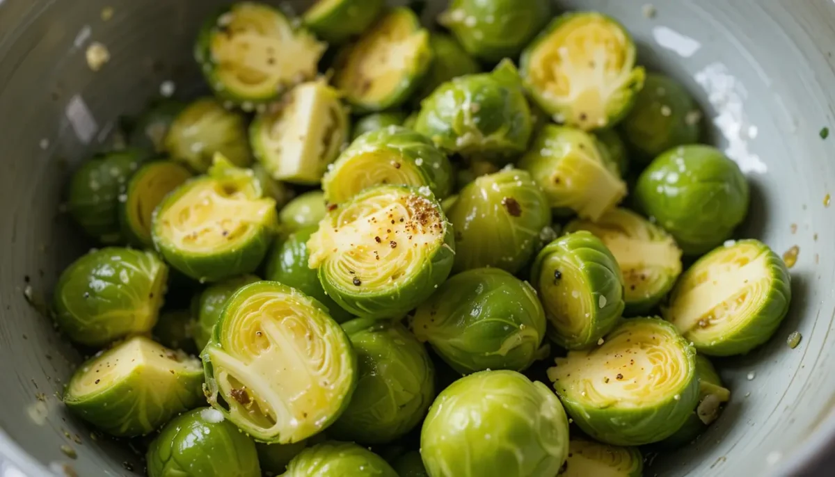 Halved Brussels sprouts being tossed with olive oil and seasonings in a mixing bowl. Halved Brussels sprouts being tossed with olive oil and seasonings in a mixing bowl.