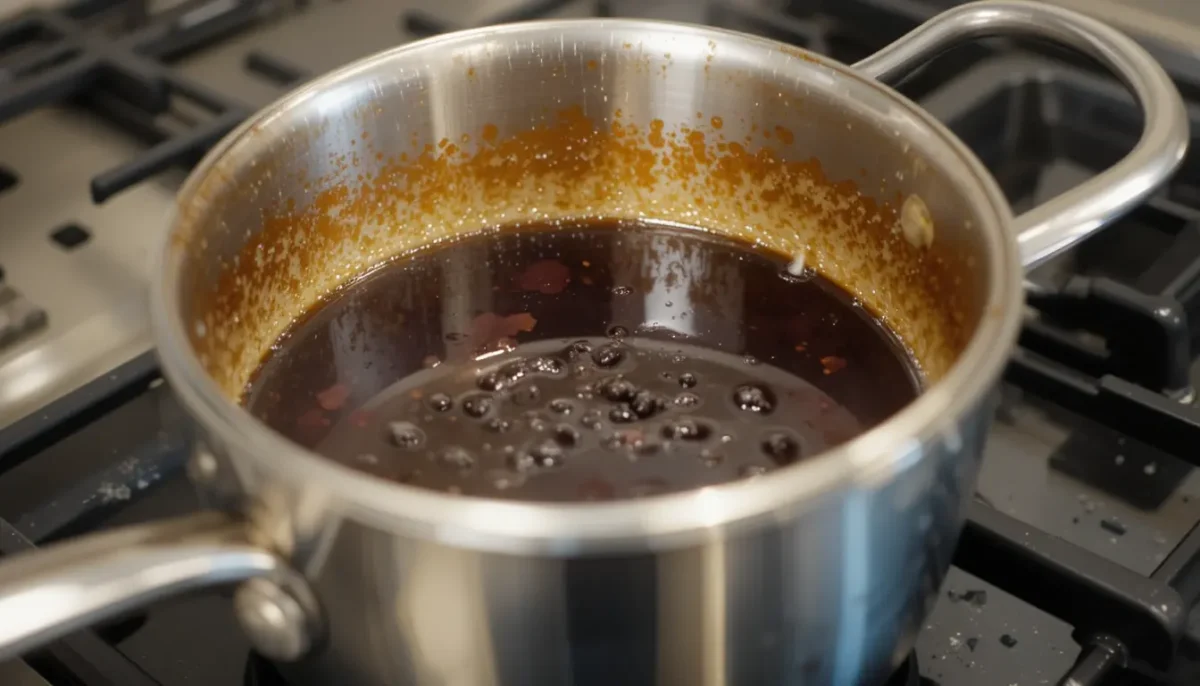 Balsamic vinegar and honey simmering in a saucepan to create a glaze for Brussels sprouts Balsamic vinegar and honey simmering in a saucepan to create a glaze for Brussels sprouts