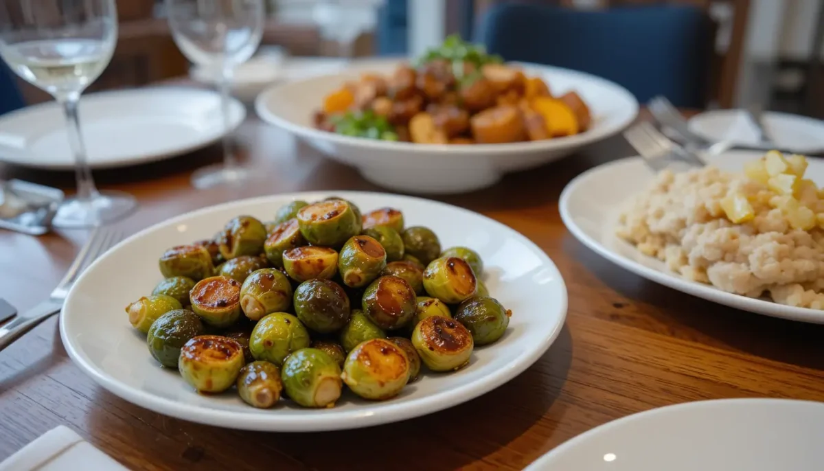 A dining table set with Roasted Brussels Sprouts with Balsamic Glaze and a main dish, creating a complete meal A dining table set with Roasted Brussels Sprouts with Balsamic Glaze and a main dish, creating a complete meal