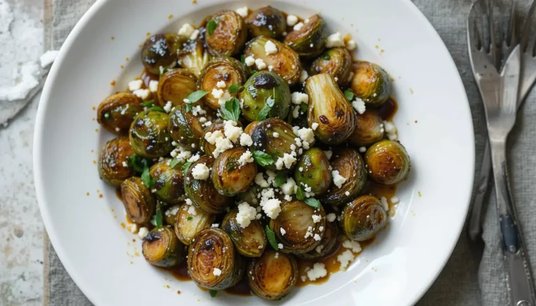Roasted Brussels Sprouts with Balsamic Glaze: A Deliciously Tangy Side Dish 7 Plated Roasted Brussels Sprouts with Balsamic Glaze, garnished with crumbled feta cheese and fresh herbs