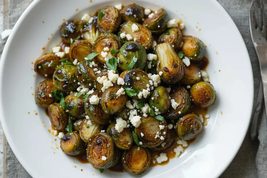 Plated Roasted Brussels Sprouts with Balsamic Glaze, garnished with crumbled feta cheese and fresh herbs