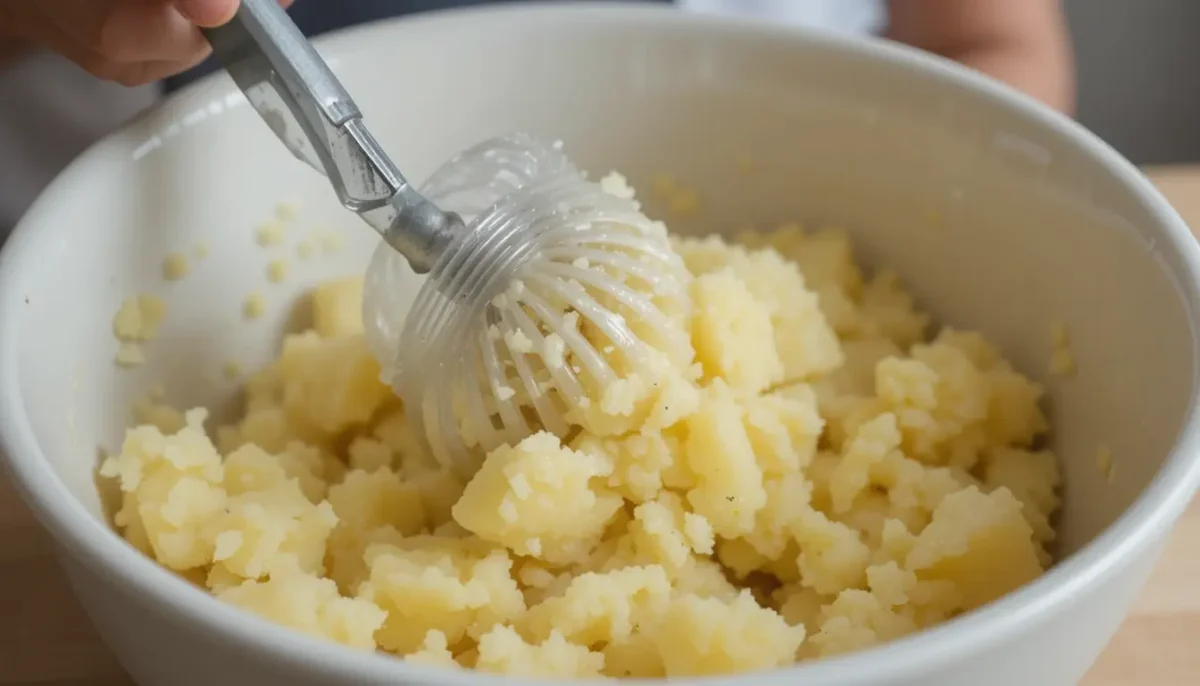 Mashing cooked potatoes to make creamy garlic mashed potatoes Mashing cooked potatoes to make creamy garlic mashed potatoes