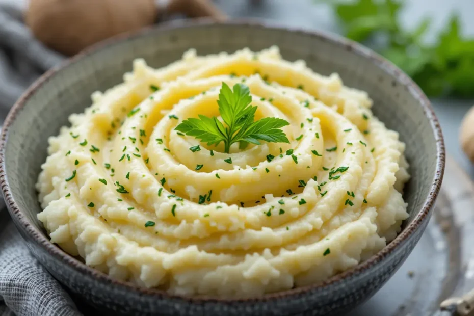 Creamy garlic mashed potatoes garnished with fresh herbs in a serving bowl