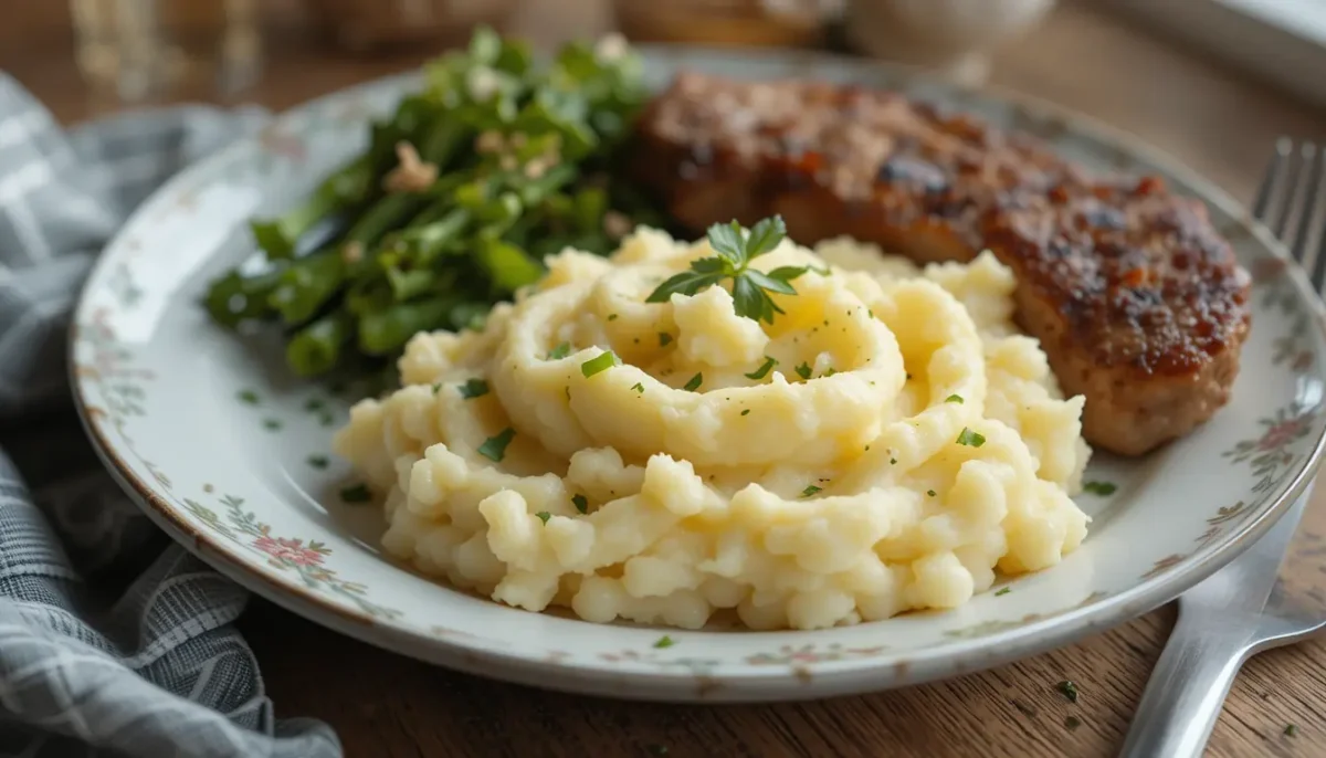 Plate of garlic mashed potatoes served with roasted chicken Plate of garlic mashed potatoes served with roasted chicken