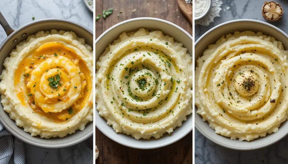 Different variations of garlic mashed potatoes: cheesy, herbed, and roasted garlic Different variations of garlic mashed potatoes: cheesy, herbed, and roasted garlic