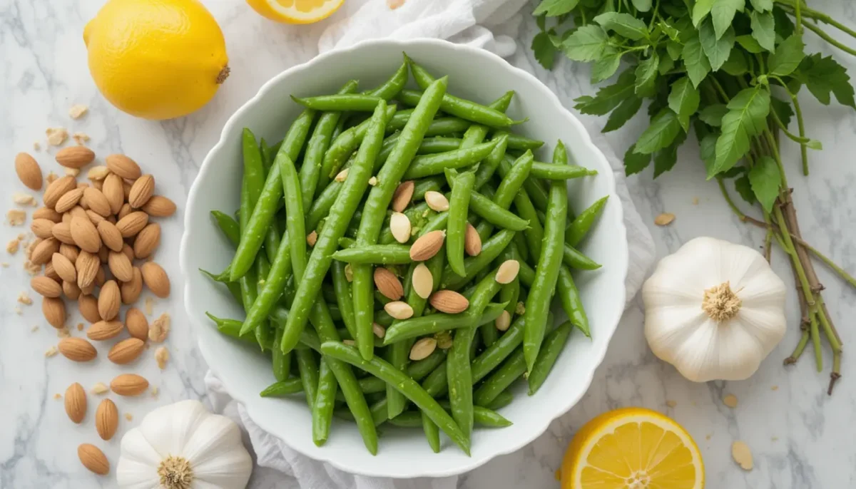 Fresh ingredients for Green Bean Almondine including green beans, almonds, garlic, and lemon Fresh ingredients for Green Bean Almondine including green beans, almonds, garlic, and lemon