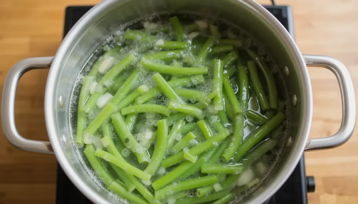 Blanching green beans in boiling water for Green Bean Almondine Blanching green beans in boiling water for Green Bean Almondine