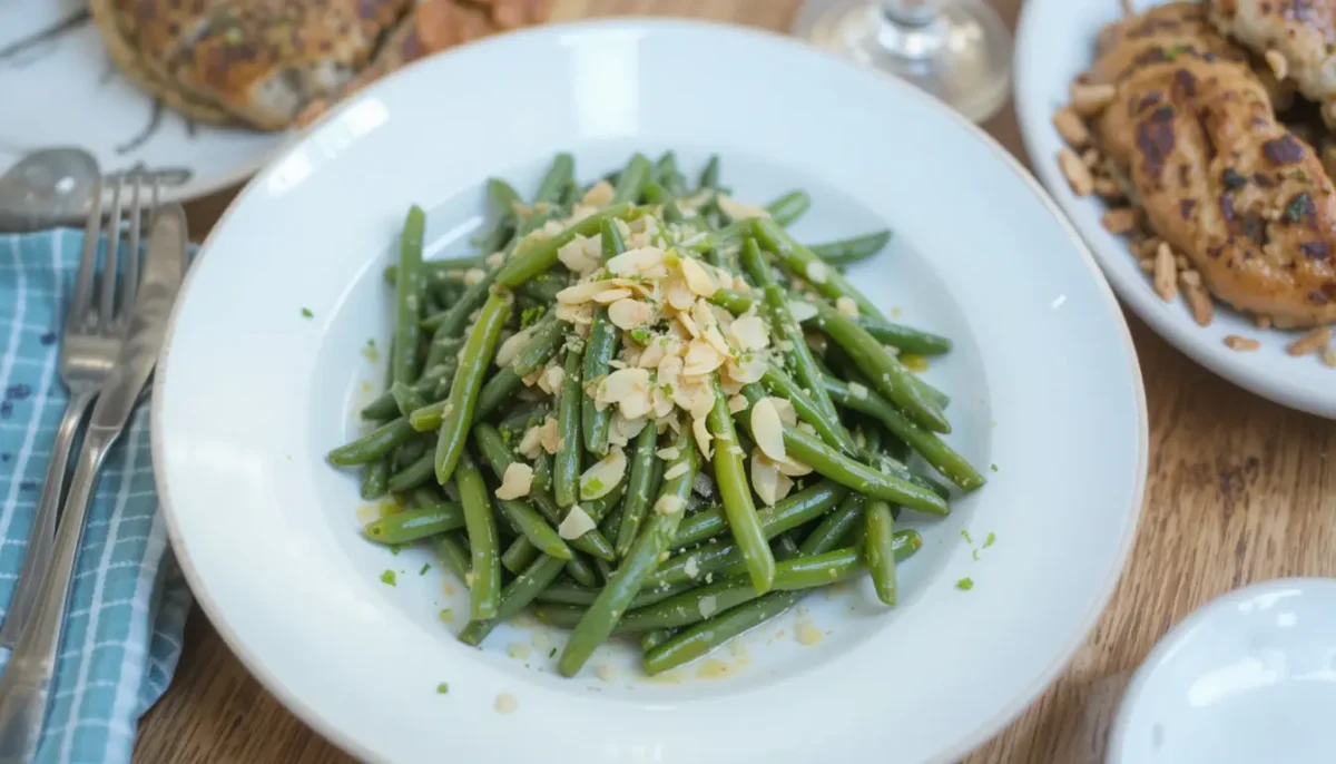 Green Bean Almondine served as a side dish with grilled chicken on a dining table Green Bean Almondine served as a side dish with grilled chicken on a dining table