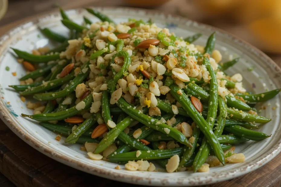 Delicious Green Bean Almondine served on a plate, garnished with almonds and parsley