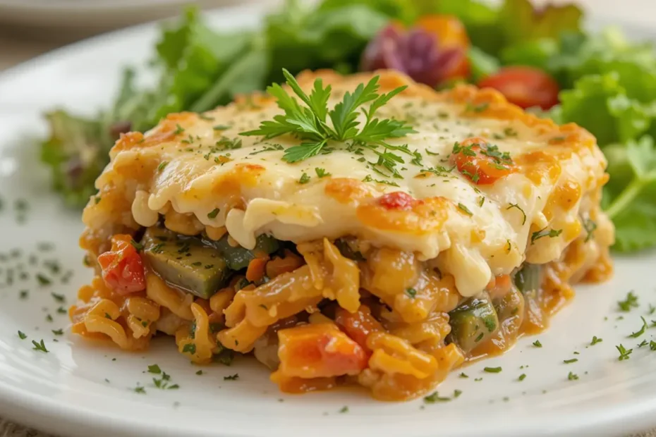 vegetable casserole recipe: Serving of vegetable casserole with a side salad