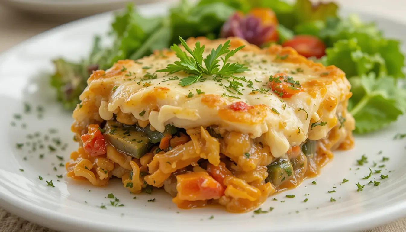 vegetable casserole recipe: Serving of vegetable casserole with a side salad