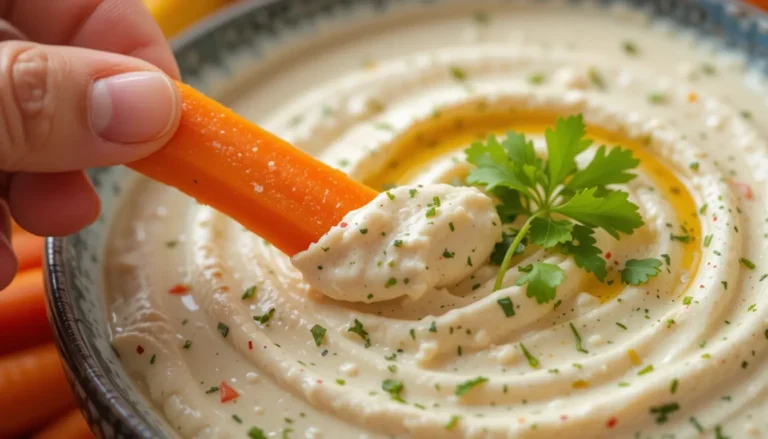 Delicious Vegetable Dip Recipe: A Healthy and Flavorful Snack 8 Hand dipping a carrot stick into creamy vegetable dip, highlighting the texture of the dip