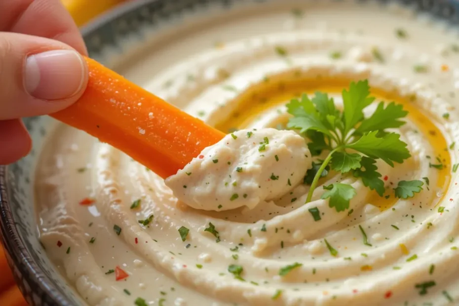 Hand dipping a carrot stick into creamy vegetable dip, highlighting the texture of the dip