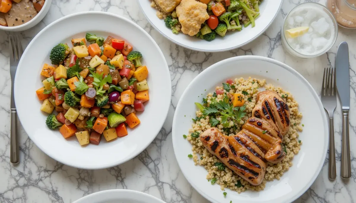 Vegetable medley served with grilled chicken and quinoa for a complete meal Vegetable medley served with grilled chicken and quinoa for a complete meal