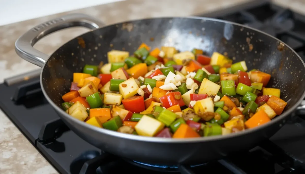 Sautéing a colorful vegetable medley in a skillet with garlic and olive oil Sautéing a colorful vegetable medley in a skillet with garlic and olive oil