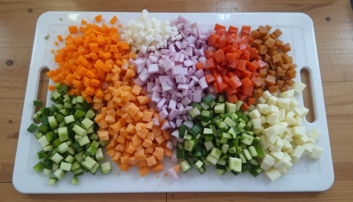 Chopped vegetables on a cutting board, ready to be sautéed for vegetable medley Chopped vegetables on a cutting board, ready to be sautéed for vegetable medley
