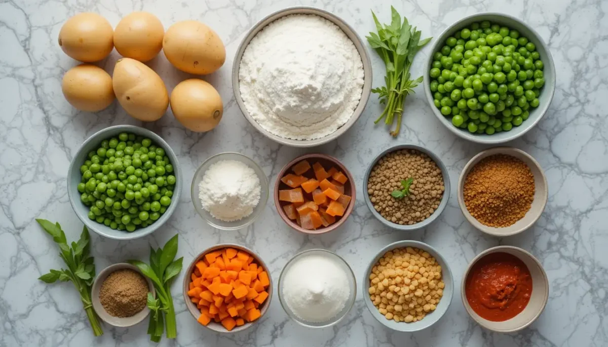 Ingredients for vegetable samosas including potatoes, peas, carrots, and spices Ingredients for vegetable samosas including potatoes, peas, carrots, and spices