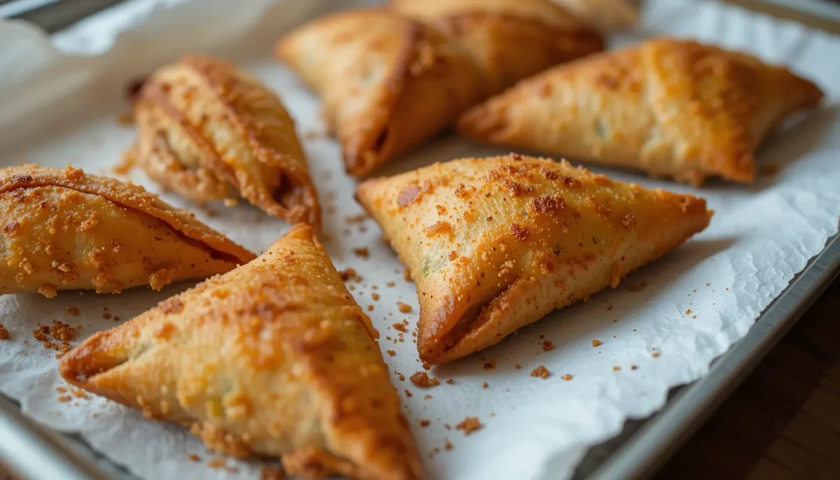 Baked vegetable samosas on a tray, golden and crispy Baked vegetable samosas on a tray, golden and crispy