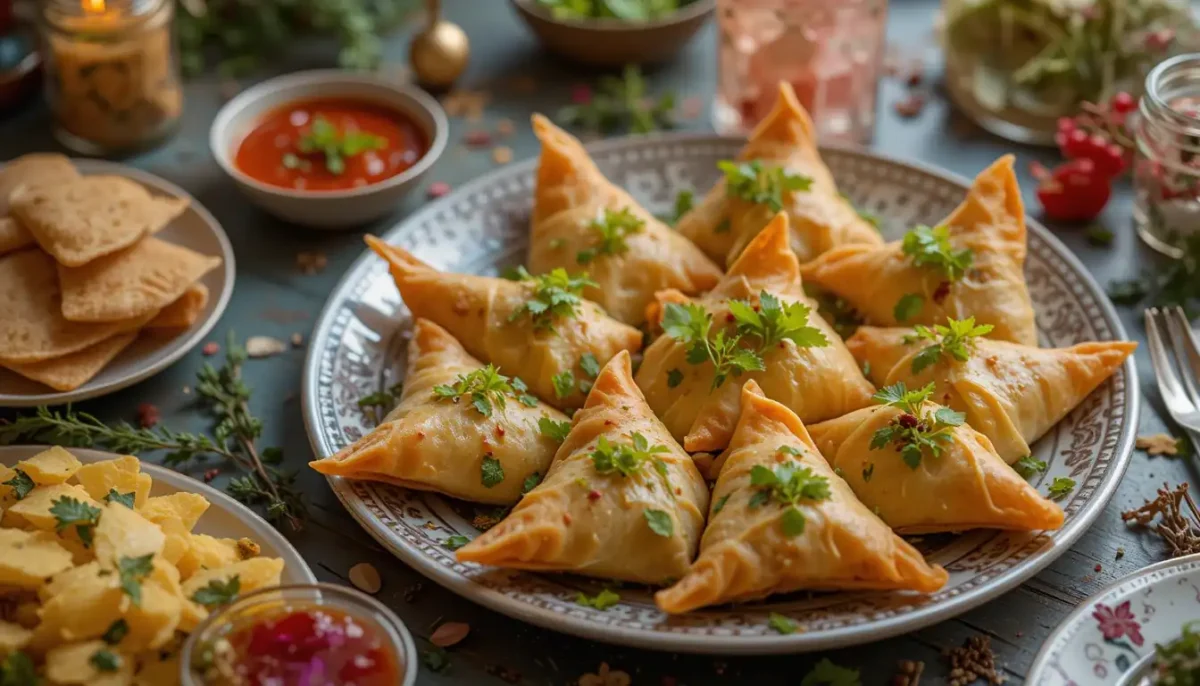 A festive table setting featuring a platter of vegetable samosas garnished with fresh herbs A festive table setting featuring a platter of vegetable samosas garnished with fresh herbs