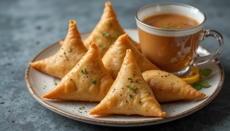 Irresistible Vegetable Samosa Recipe: A Crunchy Delight 5 A plate of vegetable samosas served with a cup of masala chai.