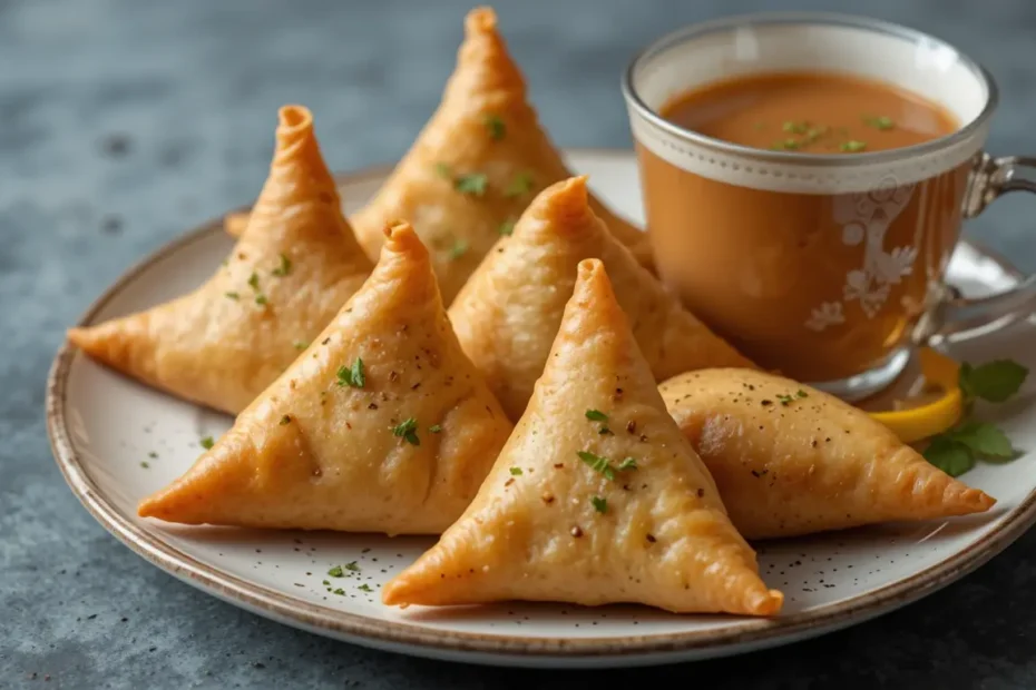 A plate of vegetable samosas served with a cup of masala chai.