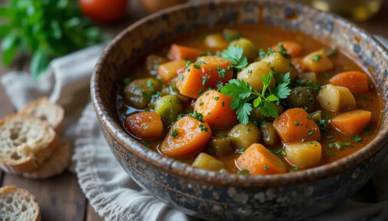 Hearty Vegetable Stew: A Comforting and Nutritious Delight 7 Bowl of hearty vegetable stew garnished with fresh herbs and served with crusty bread