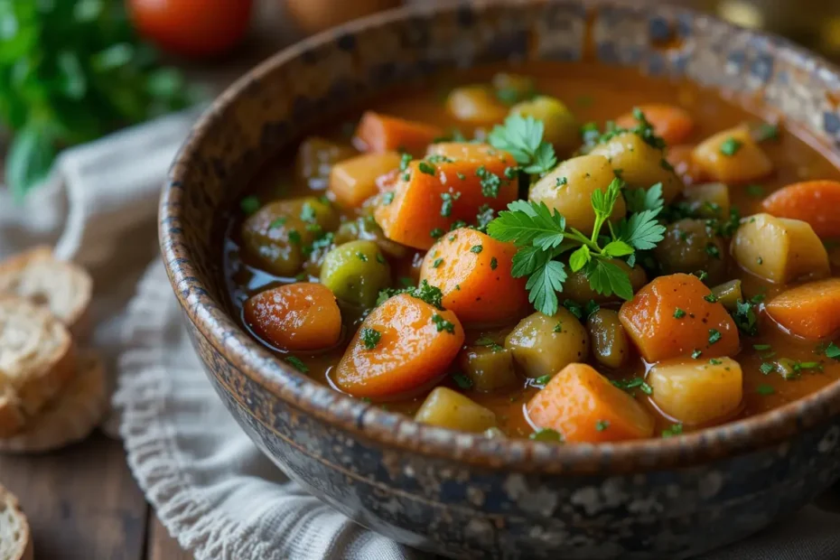 Bowl of hearty vegetable stew garnished with fresh herbs and served with crusty bread