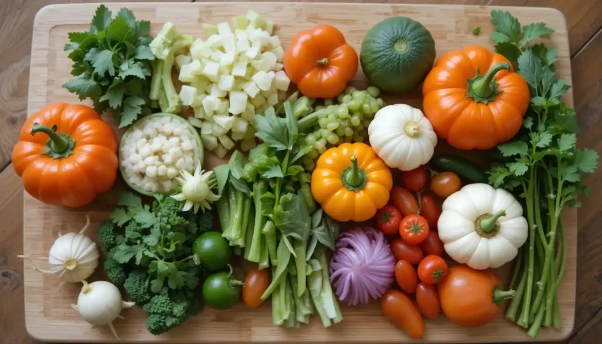 Fresh ingredients for roasted vegetable soup including carrots, bell peppers, zucchini, and garlic Fresh ingredients for roasted vegetable soup including carrots, bell peppers, zucchini, and garlic