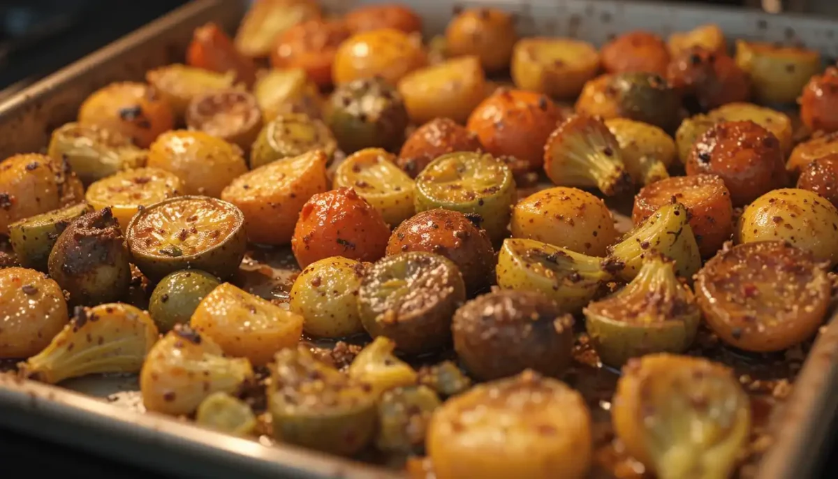 Roasting vegetables in the oven for roasted vegetable soup, highlighting their caramelized edges Roasting vegetables in the oven for roasted vegetable soup, highlighting their caramelized edges