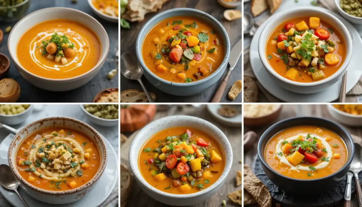A collage of different variations of roasted vegetable soup, showcasing different ingredients and garnishes A collage of different variations of roasted vegetable soup, showcasing different ingredients and garnishes