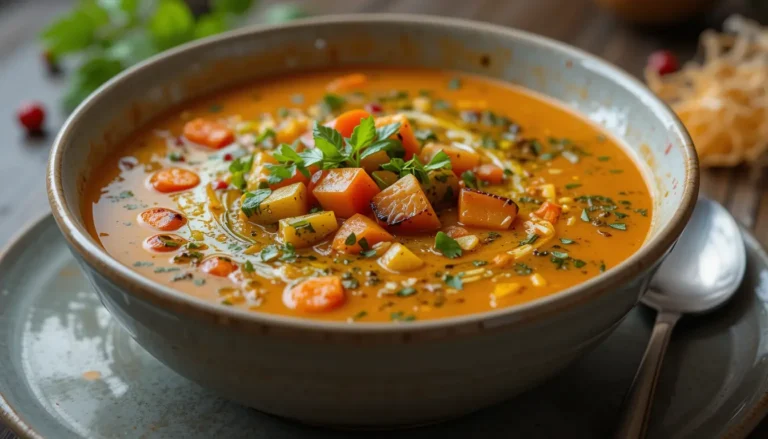 Deliciously Hearty Roasted Vegetable Soup: A Comforting Recipe 2 Delicious roasted vegetable soup served in a bowl, garnished with parsley and croutons