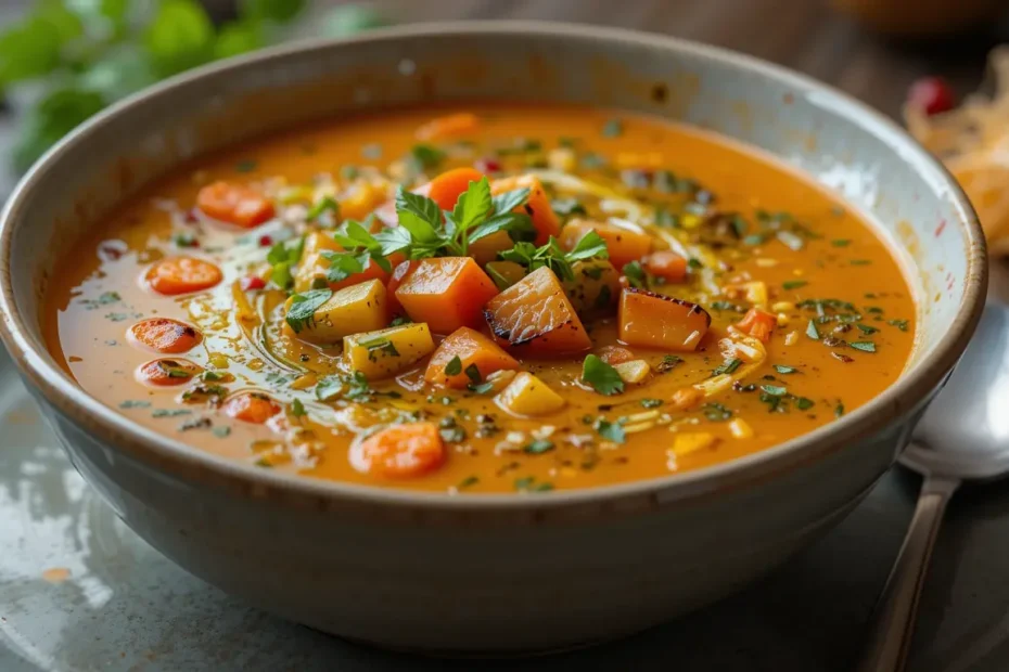 Delicious roasted vegetable soup served in a bowl, garnished with parsley and croutons