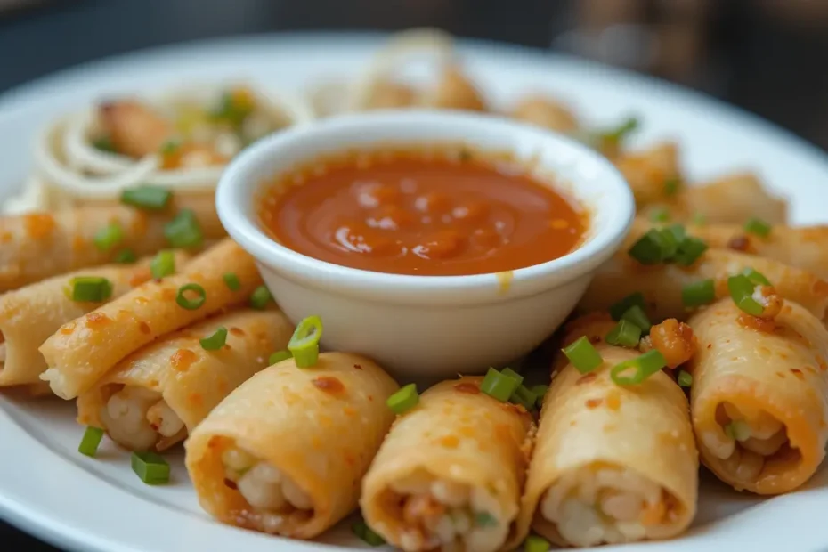 Delicious vegetable egg rolls served with soy sauce on a platter