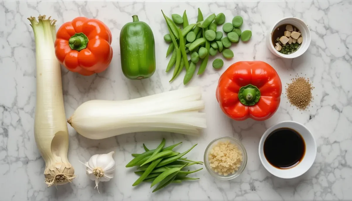 Ingredients for daikon stir-fry including daikon, bell pepper, snap peas, garlic, and soy sauce. Ingredients for daikon stir-fry including daikon, bell pepper, snap peas, garlic, and soy sauce.