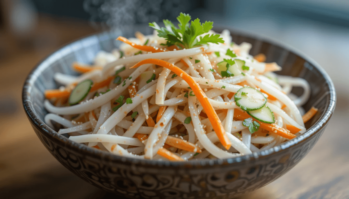 Refreshing daikon salad with julienned daikon, carrots, and sesame dressing Refreshing daikon salad with julienned daikon, carrots, and sesame dressing