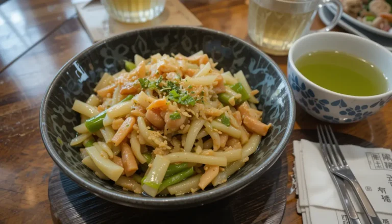 Complete meal featuring daikon stir-fry, miso soup, and green tea on a dining table