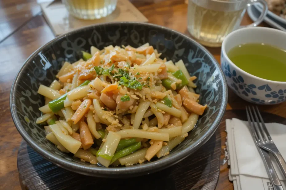 Complete meal featuring daikon stir-fry, miso soup, and green tea on a dining table