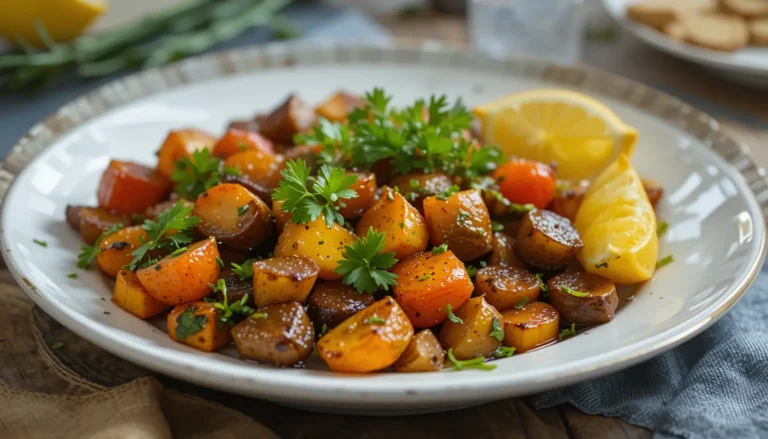Delicious Roasted Root Vegetables Recipe: A Flavorful and Nutritious Side Dish 6 Delicious roasted root vegetables recipe served on a plate, garnished with parsley and lemon wedges